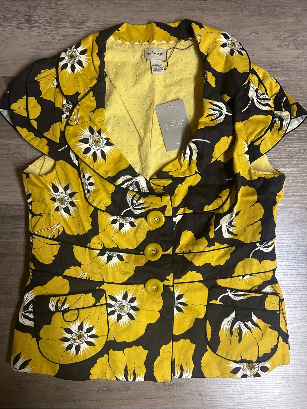 Anthropologie Elevenses Yellow and Brown Floral Button-Down Shirt Jacket